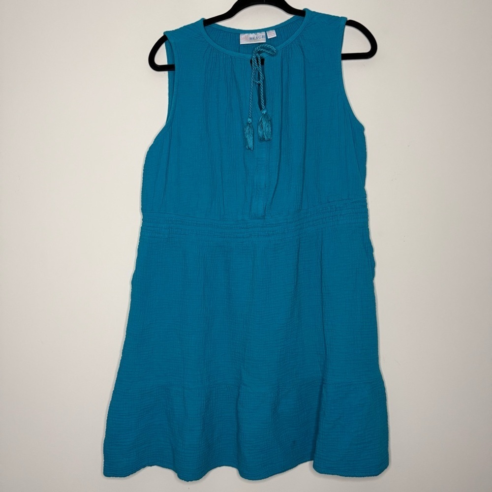 BELLE BEACH KIM GRAVEL Blue 100% Cotton Resort Boho Coastal Lagenlook Mini Dress - Picture 2 of 8